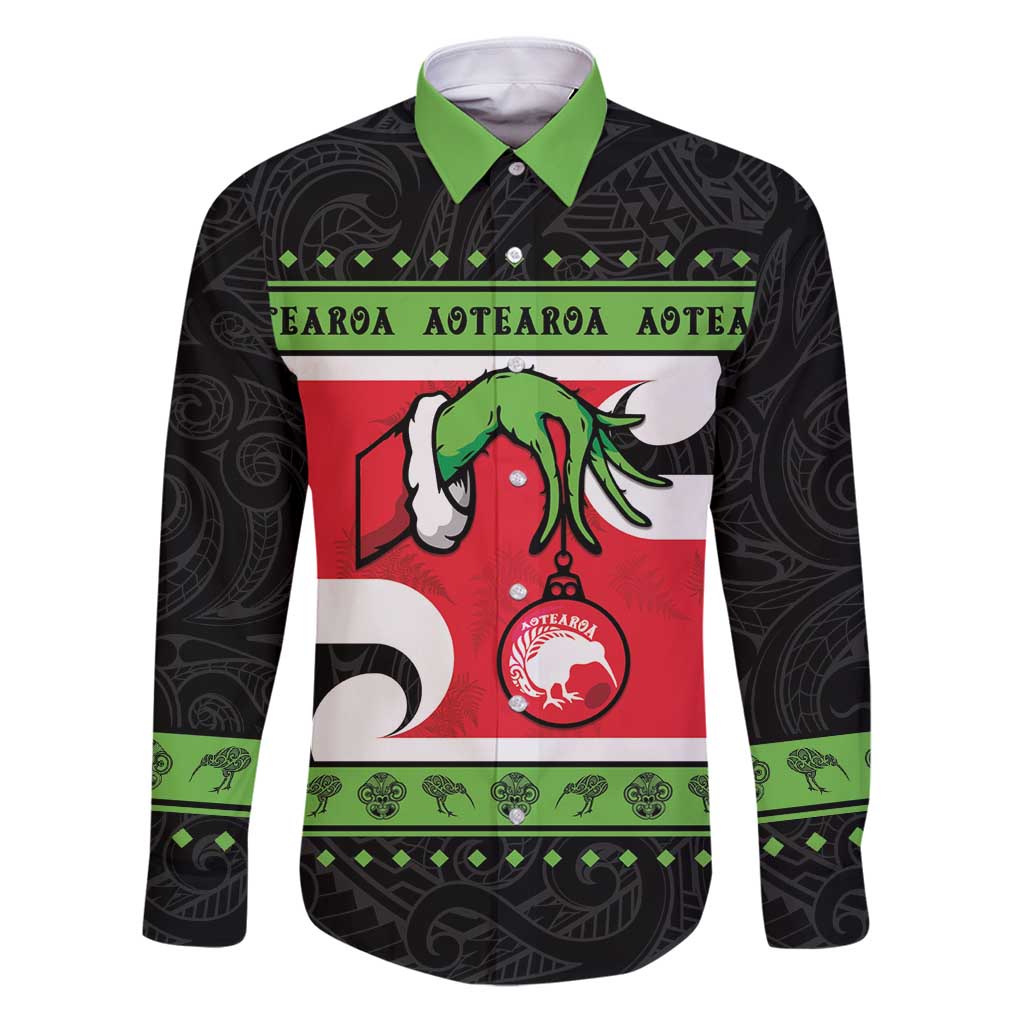 New Zealand Funny Christmas Family Matching Puletasi and Hawaiian Shirt Maori Tiki LT05 Dad's Shirt - Long Sleeve Black - Polynesian Pride