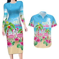 Hawaii Christmas Couples Matching Long Sleeve Bodycon Dress and Hawaiian Shirt Deck The Palms Holiday Flamingos LT05 Blue - Polynesian Pride