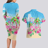 Hawaii Christmas Couples Matching Long Sleeve Bodycon Dress and Hawaiian Shirt Deck The Palms Holiday Flamingos LT05 - Polynesian Pride