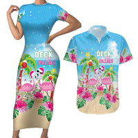 Hawaii Christmas Couples Matching Short Sleeve Bodycon Dress and Hawaiian Shirt Deck The Palms Holiday Flamingos LT05 Blue - Polynesian Pride