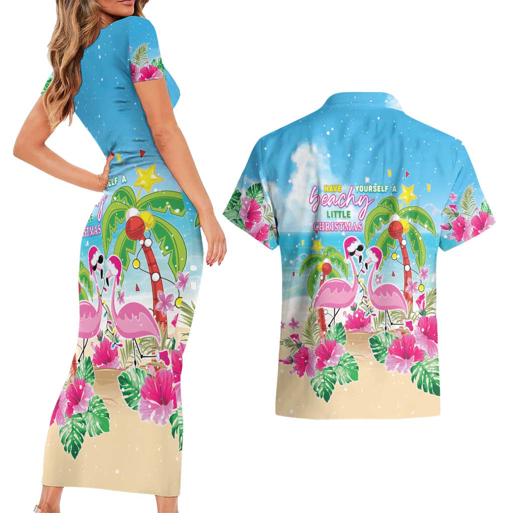 Hawaii Christmas Couples Matching Short Sleeve Bodycon Dress and Hawaiian Shirt Deck The Palms Holiday Flamingos LT05 - Polynesian Pride