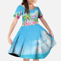 Hawaii Christmas Family Matching Long Sleeve Bodycon Dress and Hawaiian Shirt Deck The Palms Holiday Flamingos LT05 Daughter's Dress Blue - Polynesian Pride