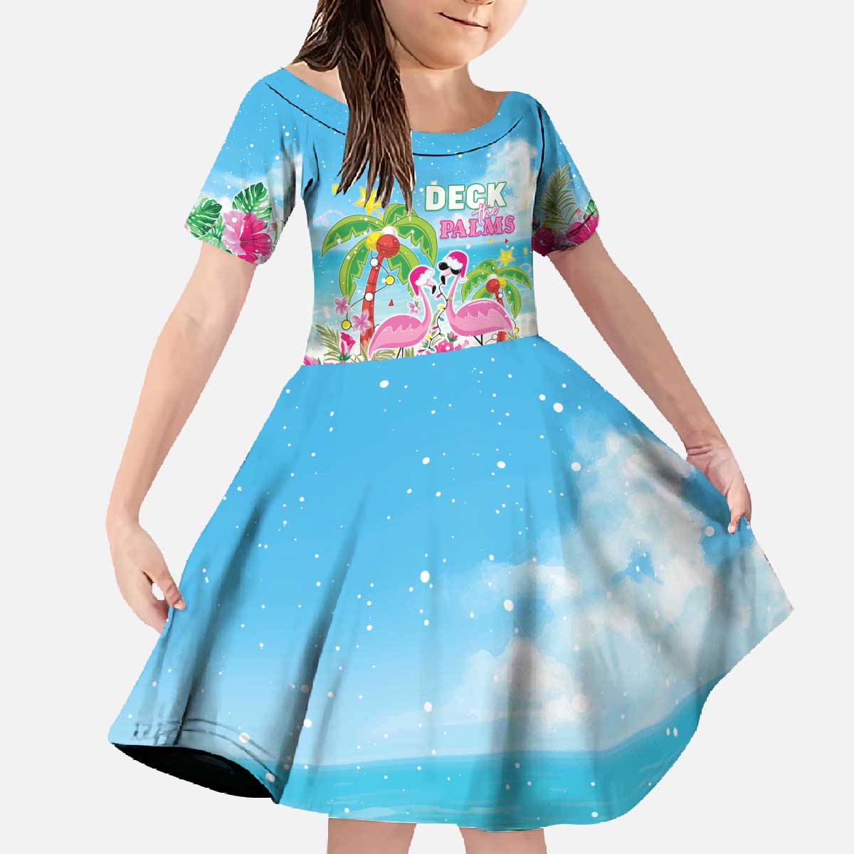 Hawaii Christmas Family Matching Off The Shoulder Long Sleeve Dress and Hawaiian Shirt Deck The Palms Holiday Flamingos LT05 Daughter's Dress Blue - Polynesian Pride