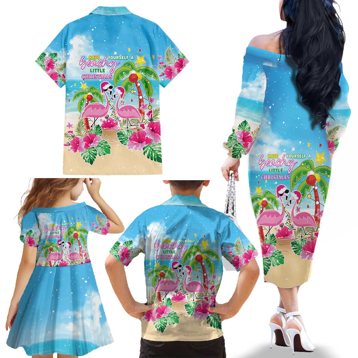 Hawaii Christmas Family Matching Off The Shoulder Long Sleeve Dress and Hawaiian Shirt Deck The Palms Holiday Flamingos LT05 - Polynesian Pride