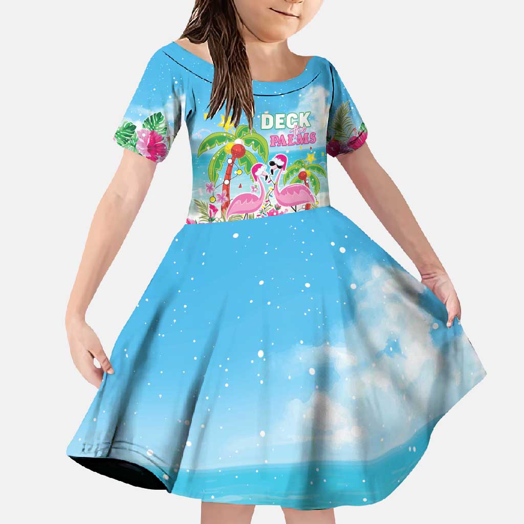 Hawaii Christmas Family Matching Off Shoulder Maxi Dress and Hawaiian Shirt Deck The Palms Holiday Flamingos LT05 Daughter's Dress Blue - Polynesian Pride
