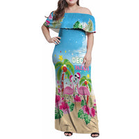 Hawaii Christmas Family Matching Off Shoulder Maxi Dress and Hawaiian Shirt Deck The Palms Holiday Flamingos LT05 Mom's Dress Blue - Polynesian Pride