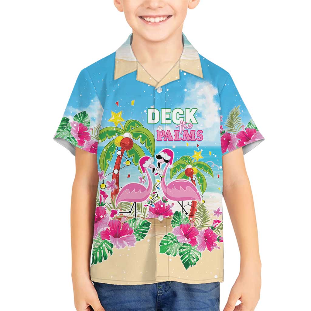 Hawaii Christmas Family Matching Off Shoulder Short Dress and Hawaiian Shirt Deck The Palms Holiday Flamingos LT05 Son's Shirt Blue - Polynesian Pride