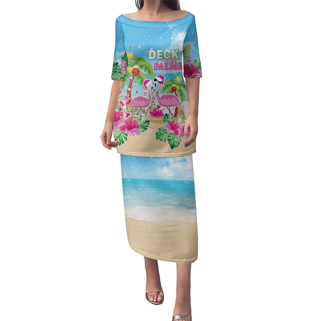 Hawaii Christmas Family Matching Puletasi and Hawaiian Shirt Deck The Palms Holiday Flamingos LT05 Mom's Dress Blue - Polynesian Pride
