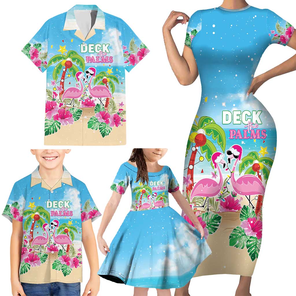 Hawaii Christmas Family Matching Short Sleeve Bodycon Dress and Hawaiian Shirt Deck The Palms Holiday Flamingos LT05 - Polynesian Pride