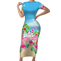 Hawaii Christmas Family Matching Short Sleeve Bodycon Dress and Hawaiian Shirt Deck The Palms Holiday Flamingos LT05 Mom's Dress Blue - Polynesian Pride