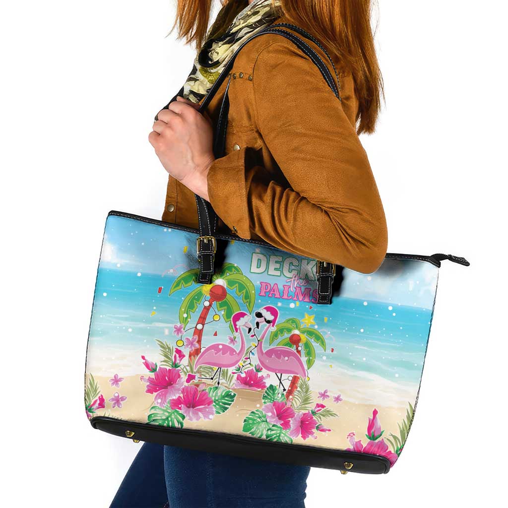 Hawaii Christmas Leather Tote Bag Deck The Palms Holiday Flamingos LT05 Blue - Polynesian Pride