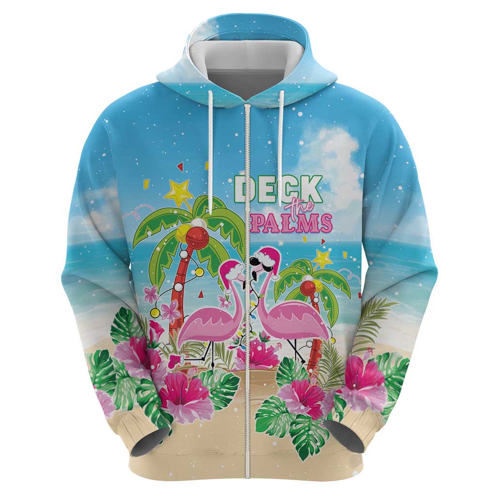 Hawaii Christmas Zip Hoodie Deck The Palms Holiday Flamingos