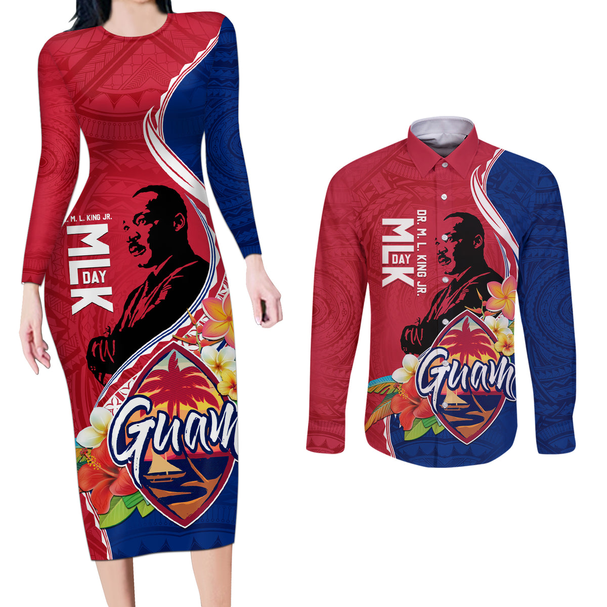 Guam Martin Luther King Jr Day Couples Matching Long Sleeve Bodycon Dress and Long Sleeve Button Shirt LT05 Red - Polynesian Pride