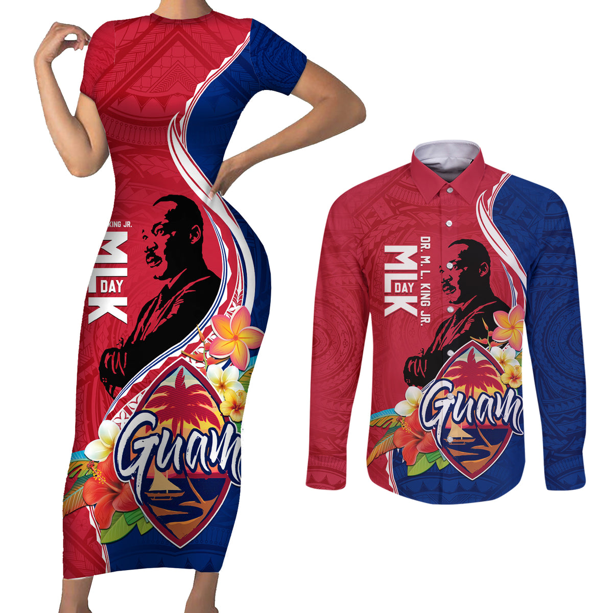 Guam Martin Luther King Jr Day Couples Matching Short Sleeve Bodycon Dress and Long Sleeve Button Shirt LT05 Red - Polynesian Pride