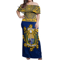 Personalised Repubrikin Naoero Independence Day Off Shoulder Maxi Dress Tamanu With Coat Of Arms LT05 Women Yellow - Polynesian Pride