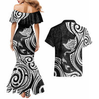 Hawaii Manta Ray Couples Matching Mermaid Dress and Hawaiian Shirt Polynesian Art Tattoo