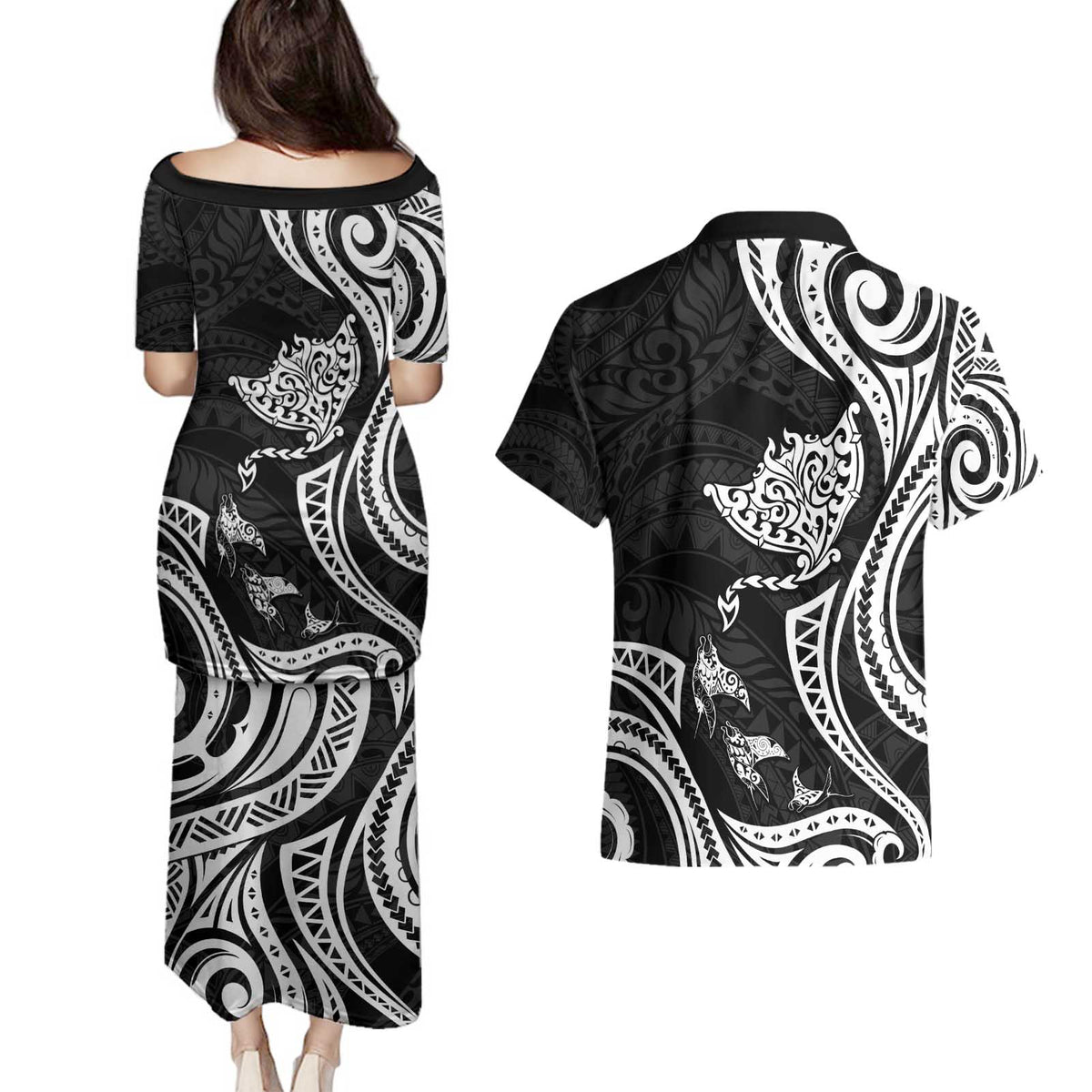 Hawaii Manta Ray Couples Matching Puletasi and Hawaiian Shirt Polynesian Art Tattoo