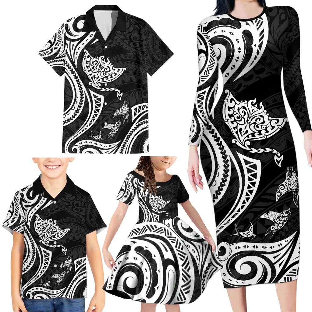 Hawaii Manta Ray Family Matching Long Sleeve Bodycon Dress and Hawaiian Shirt Polynesian Art Tattoo LT05 - Polynesian Pride