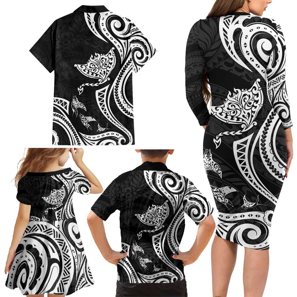 Hawaii Manta Ray Family Matching Long Sleeve Bodycon Dress and Hawaiian Shirt Polynesian Art Tattoo LT05 - Polynesian Pride