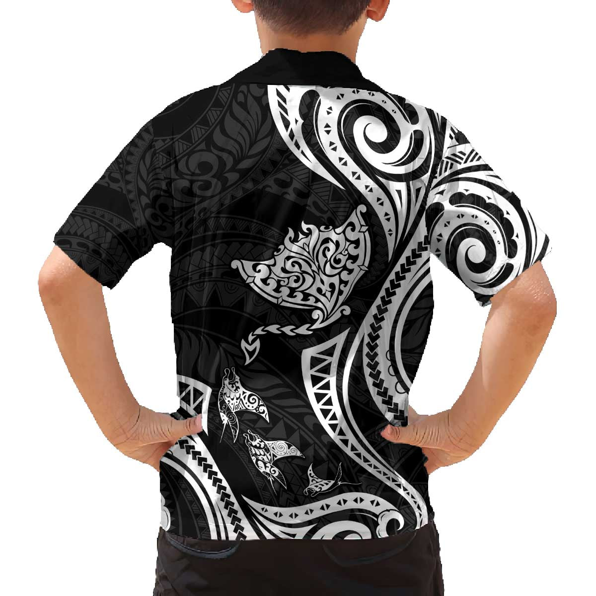 Hawaii Manta Ray Family Matching Off The Shoulder Long Sleeve Dress and Hawaiian Shirt Polynesian Art Tattoo LT05 - Polynesian Pride