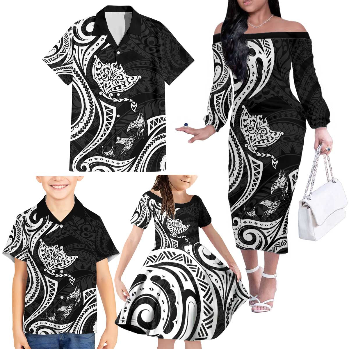 Hawaii Manta Ray Family Matching Off The Shoulder Long Sleeve Dress and Hawaiian Shirt Polynesian Art Tattoo LT05 - Polynesian Pride