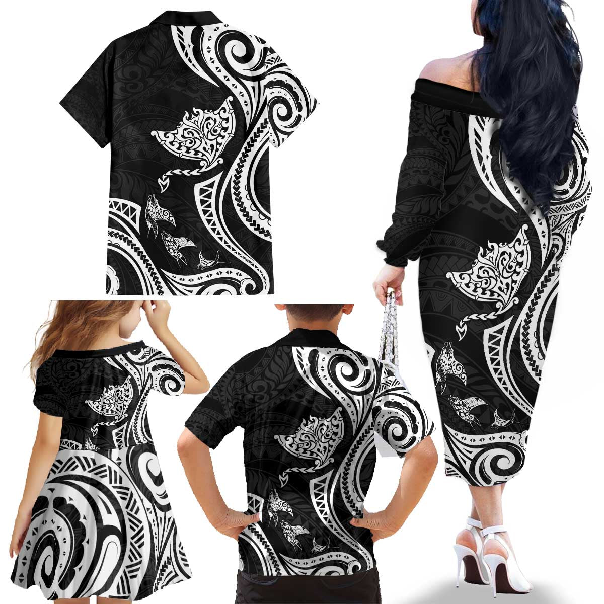 Hawaii Manta Ray Family Matching Off The Shoulder Long Sleeve Dress and Hawaiian Shirt Polynesian Art Tattoo LT05 - Polynesian Pride
