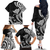 Hawaii Manta Ray Family Matching Off The Shoulder Long Sleeve Dress and Hawaiian Shirt Polynesian Art Tattoo LT05 - Polynesian Pride