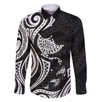 Hawaii Manta Ray Family Matching Off The Shoulder Long Sleeve Dress and Hawaiian Shirt Polynesian Art Tattoo LT05 Dad's Shirt - Long Sleeve Black - Polynesian Pride