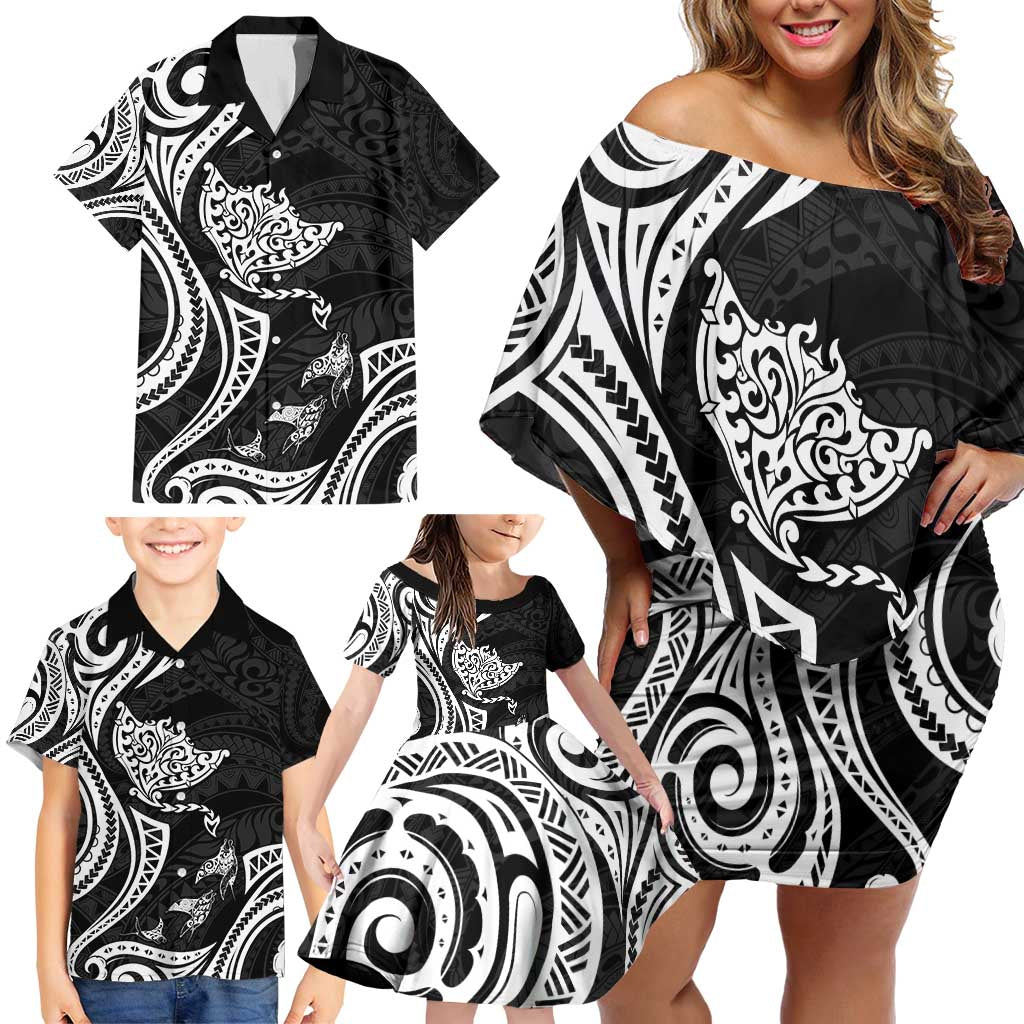 Hawaii Manta Ray Family Matching Off Shoulder Short Dress and Hawaiian Shirt Polynesian Art Tattoo LT05 - Polynesian Pride