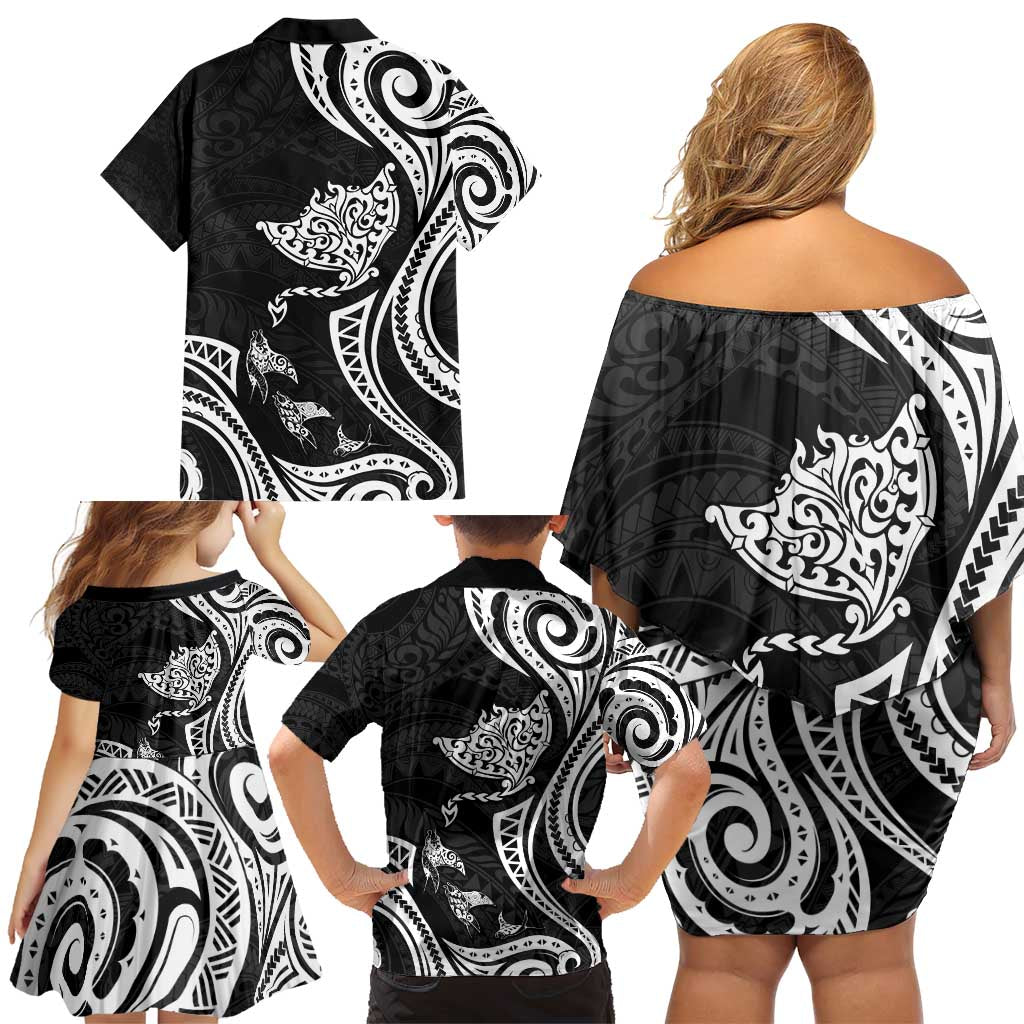 Hawaii Manta Ray Family Matching Off Shoulder Short Dress and Hawaiian Shirt Polynesian Art Tattoo LT05 - Polynesian Pride