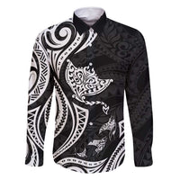 Hawaii Manta Ray Family Matching Off Shoulder Short Dress and Hawaiian Shirt Polynesian Art Tattoo LT05 Dad's Shirt - Long Sleeve Black - Polynesian Pride