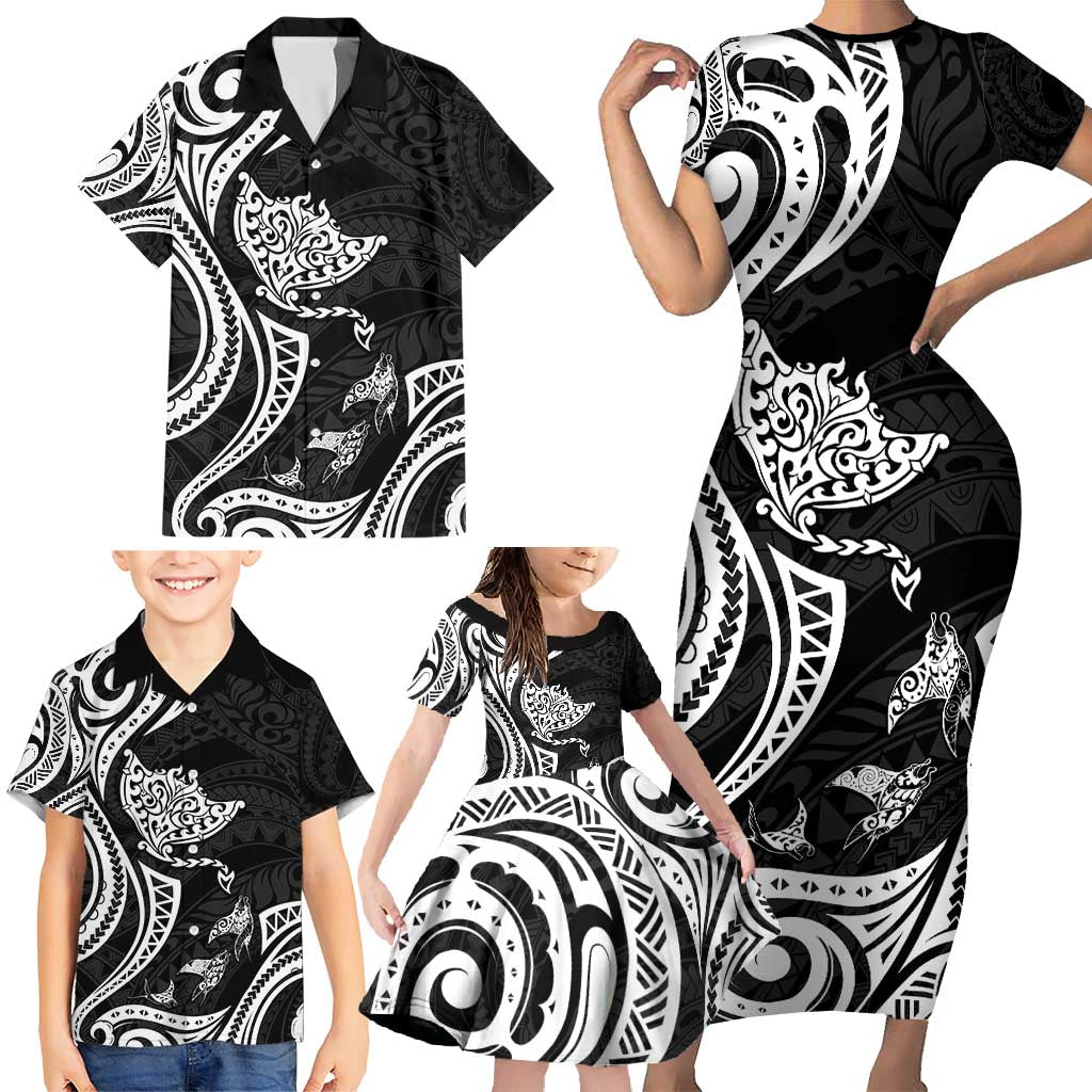 Hawaii Manta Ray Family Matching Short Sleeve Bodycon Dress and Hawaiian Shirt Polynesian Art Tattoo LT05 - Polynesian Pride