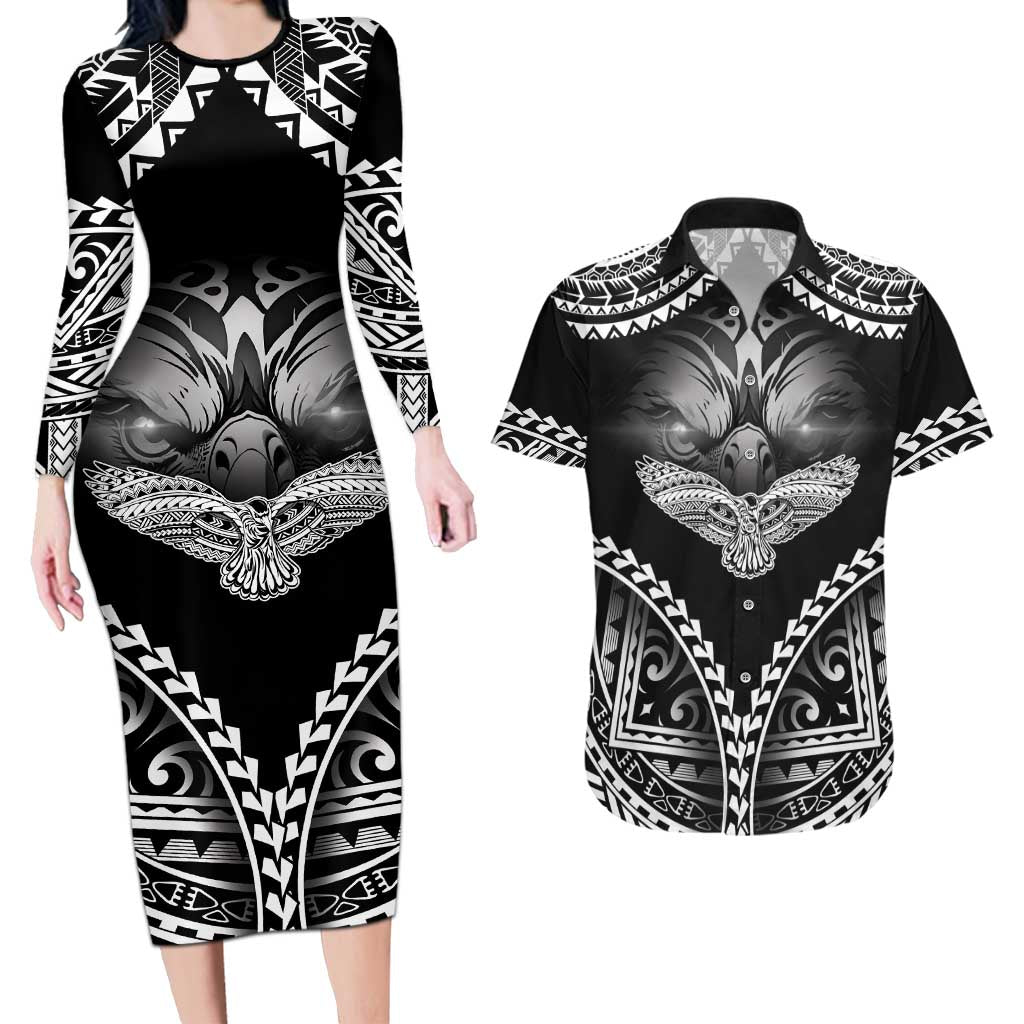 Hawaiian Hawk Couples Matching Long Sleeve Bodycon Dress and Hawaiian Shirt Polynesian Pattern Style LT05 Black - Polynesian Pride
