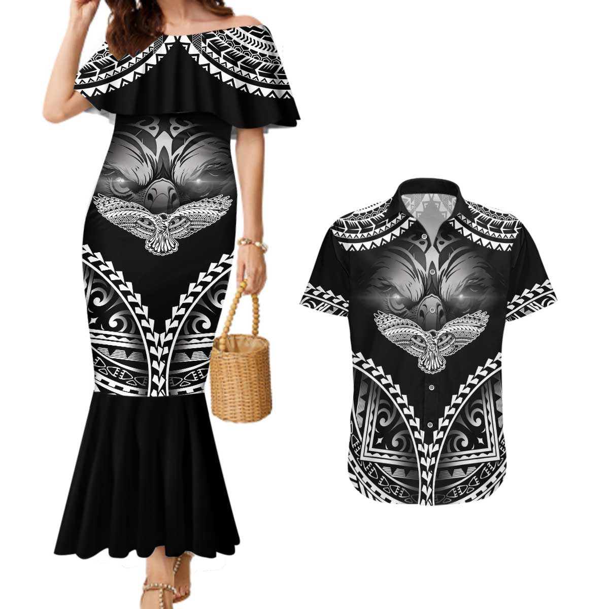 Hawaiian Hawk Couples Matching Mermaid Dress and Hawaiian Shirt Polynesian Pattern Style LT05 Black - Polynesian Pride