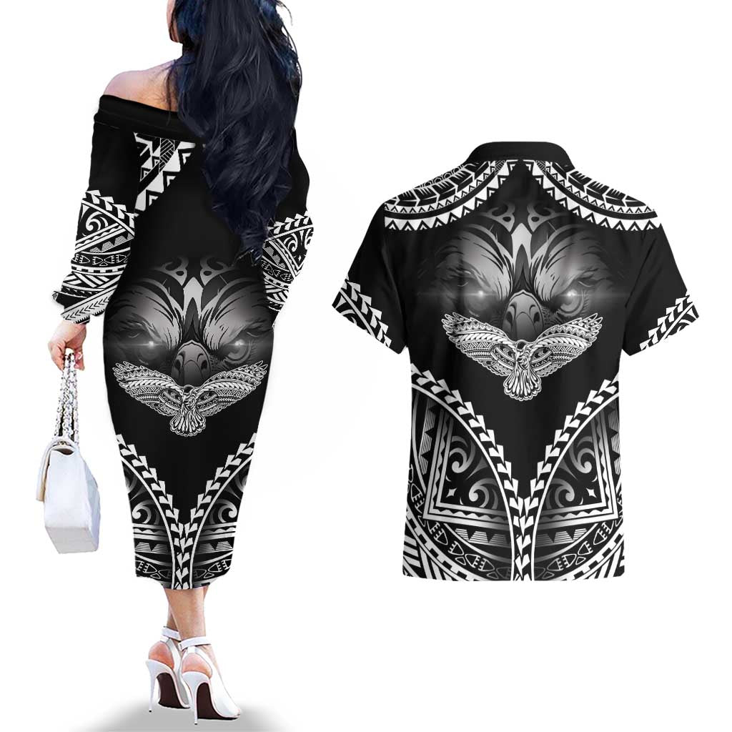 Hawaiian Hawk Couples Matching Off The Shoulder Long Sleeve Dress and Hawaiian Shirt Polynesian Pattern Style