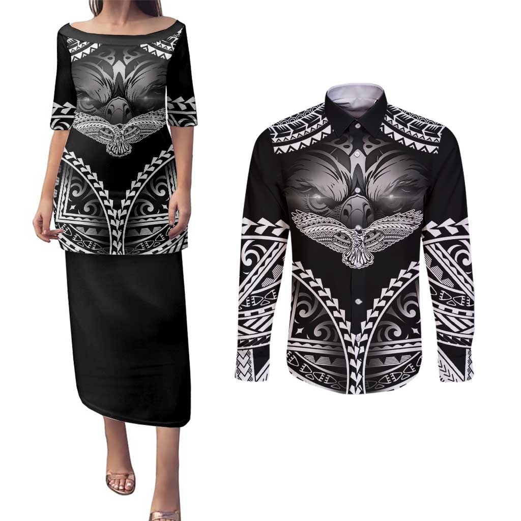 Hawaiian Hawk Couples Matching Puletasi and Long Sleeve Button Shirt Polynesian Pattern Style LT05 Black - Polynesian Pride