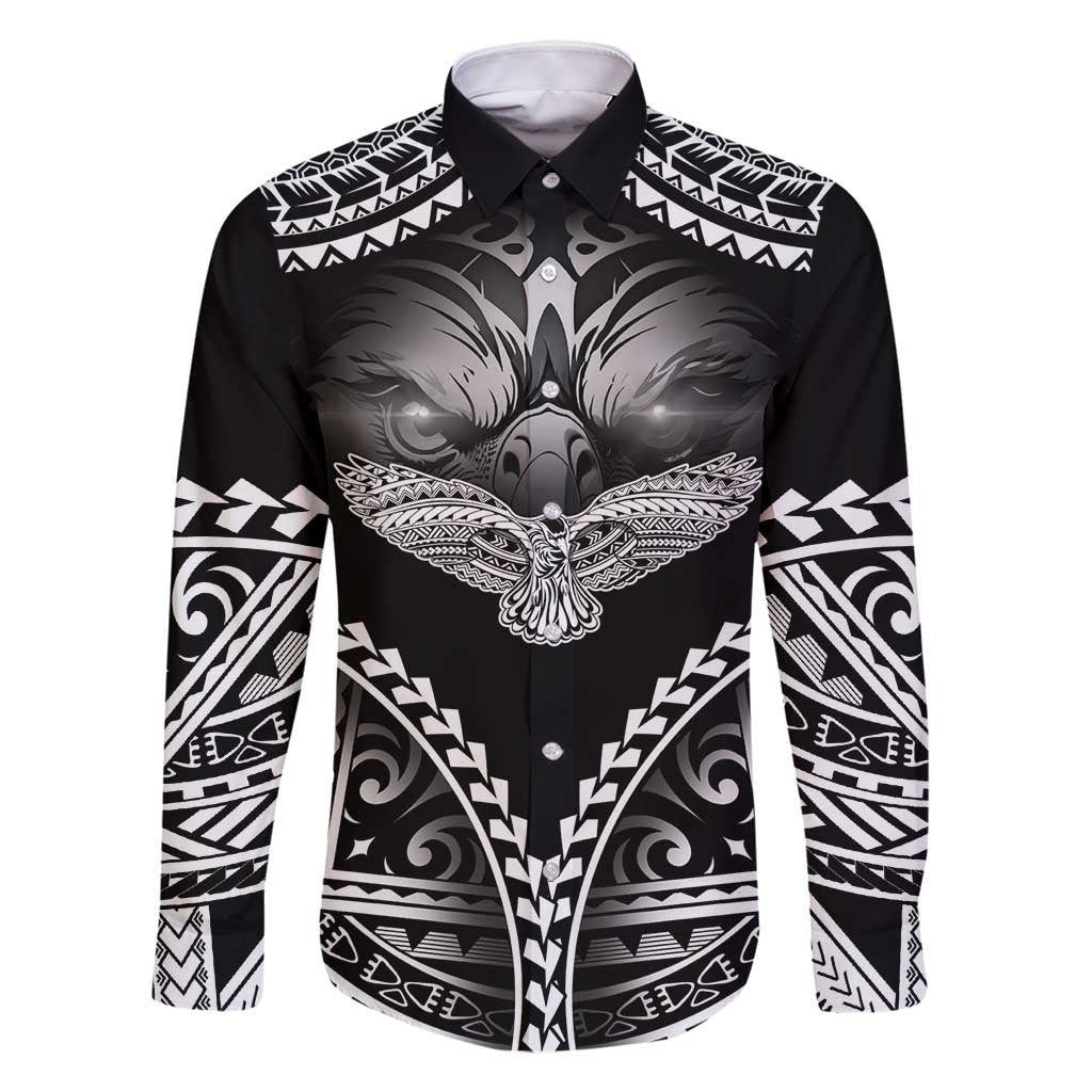 Hawaiian Hawk Family Matching Off Shoulder Short Dress and Hawaiian Shirt Polynesian Pattern Style LT05 Dad's Shirt - Long Sleeve Black - Polynesian Pride