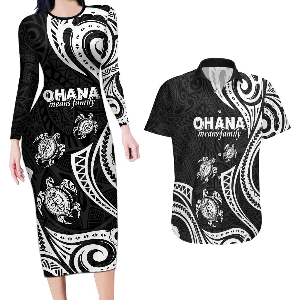 Hawaii Ohana Means Family Couples Matching Long Sleeve Bodycon Dress and Hawaiian Shirt Sea Turtle Polynesian Style LT05 Black - Polynesian Pride