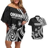 Hawaii Ohana Means Family Couples Matching Off Shoulder Short Dress and Hawaiian Shirt Sea Turtle Polynesian Style LT05 Black - Polynesian Pride