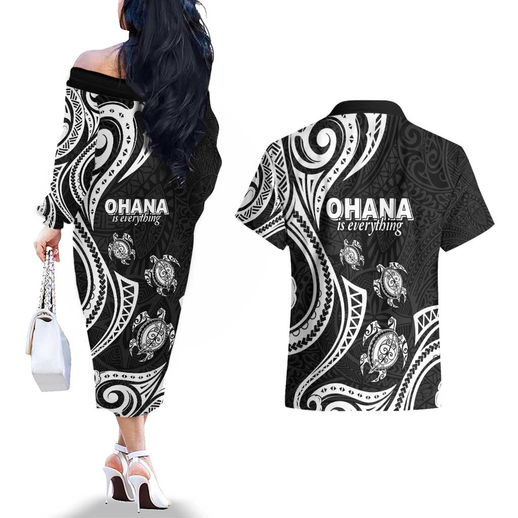 Hawaii Ohana Means Family Couples Matching Off The Shoulder Long Sleeve Dress and Hawaiian Shirt Sea Turtle Polynesian Style LT05 - Polynesian Pride