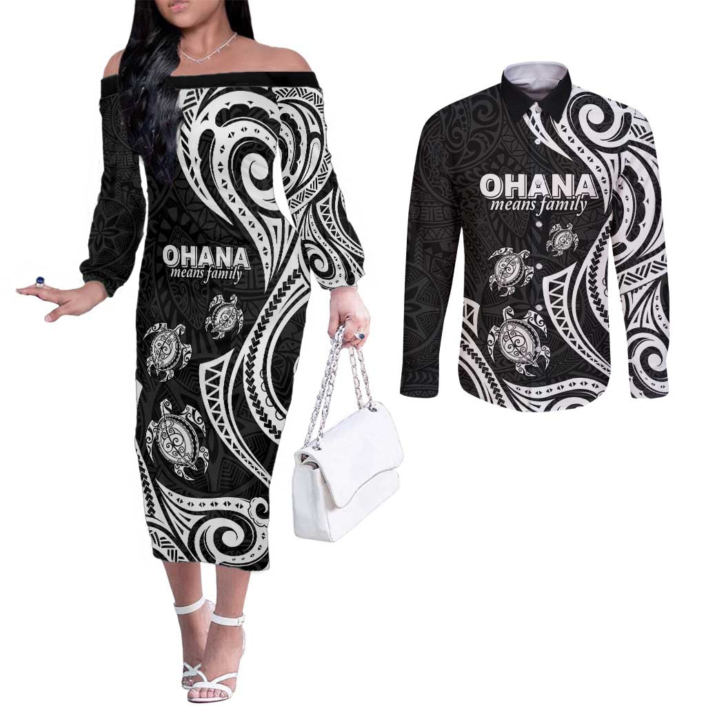 Hawaii Ohana Means Family Couples Matching Off The Shoulder Long Sleeve Dress and Long Sleeve Button Shirt Sea Turtle Polynesian Style LT05 Black - Polynesian Pride