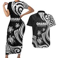 Hawaii Ohana Means Family Couples Matching Short Sleeve Bodycon Dress and Hawaiian Shirt Sea Turtle Polynesian Style LT05 Black - Polynesian Pride