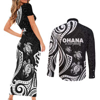 Hawaii Ohana Means Family Couples Matching Short Sleeve Bodycon Dress and Long Sleeve Button Shirt Sea Turtle Polynesian Style LT05 - Polynesian Pride