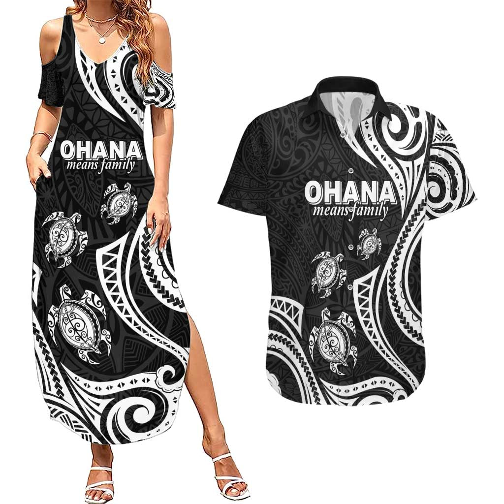 Hawaii Ohana Means Family Couples Matching Summer Maxi Dress and Hawaiian Shirt Sea Turtle Polynesian Style LT05 Black - Polynesian Pride