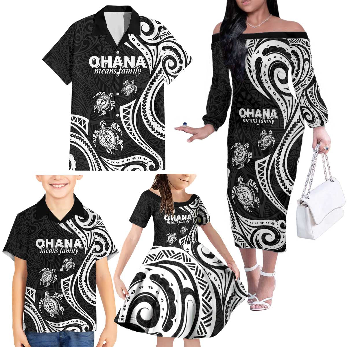 Hawaii Ohana Means Family Family Matching Off The Shoulder Long Sleeve Dress and Hawaiian Shirt Sea Turtle Polynesian Style LT05 - Polynesian Pride