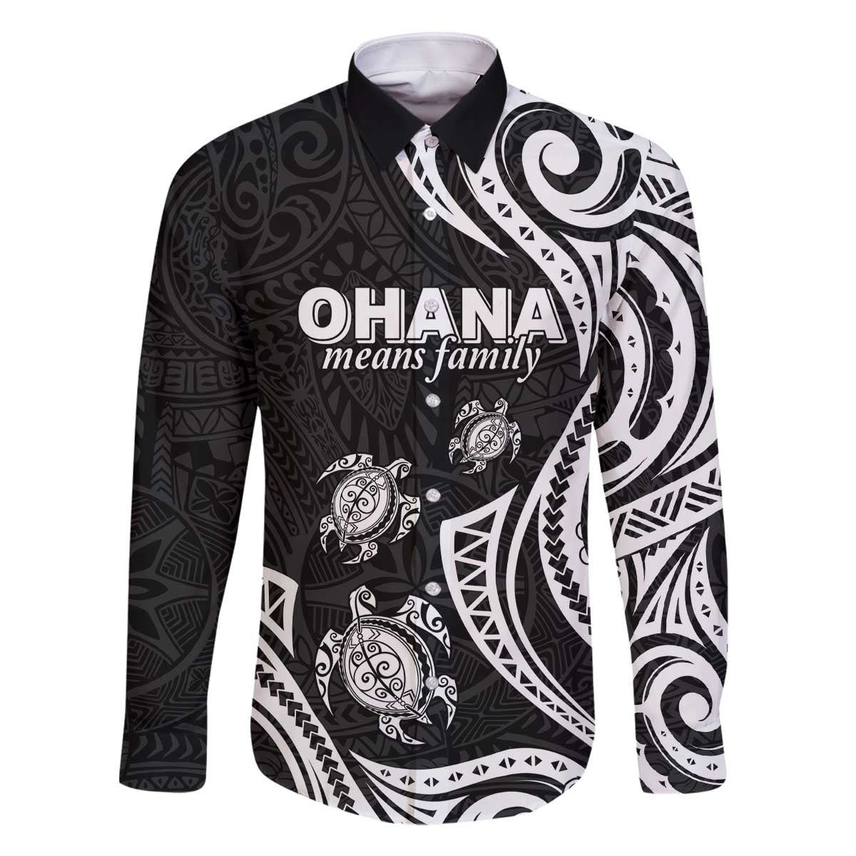 Hawaii Ohana Means Family Family Matching Off The Shoulder Long Sleeve Dress and Hawaiian Shirt Sea Turtle Polynesian Style LT05 Dad's Shirt - Long Sleeve Black - Polynesian Pride