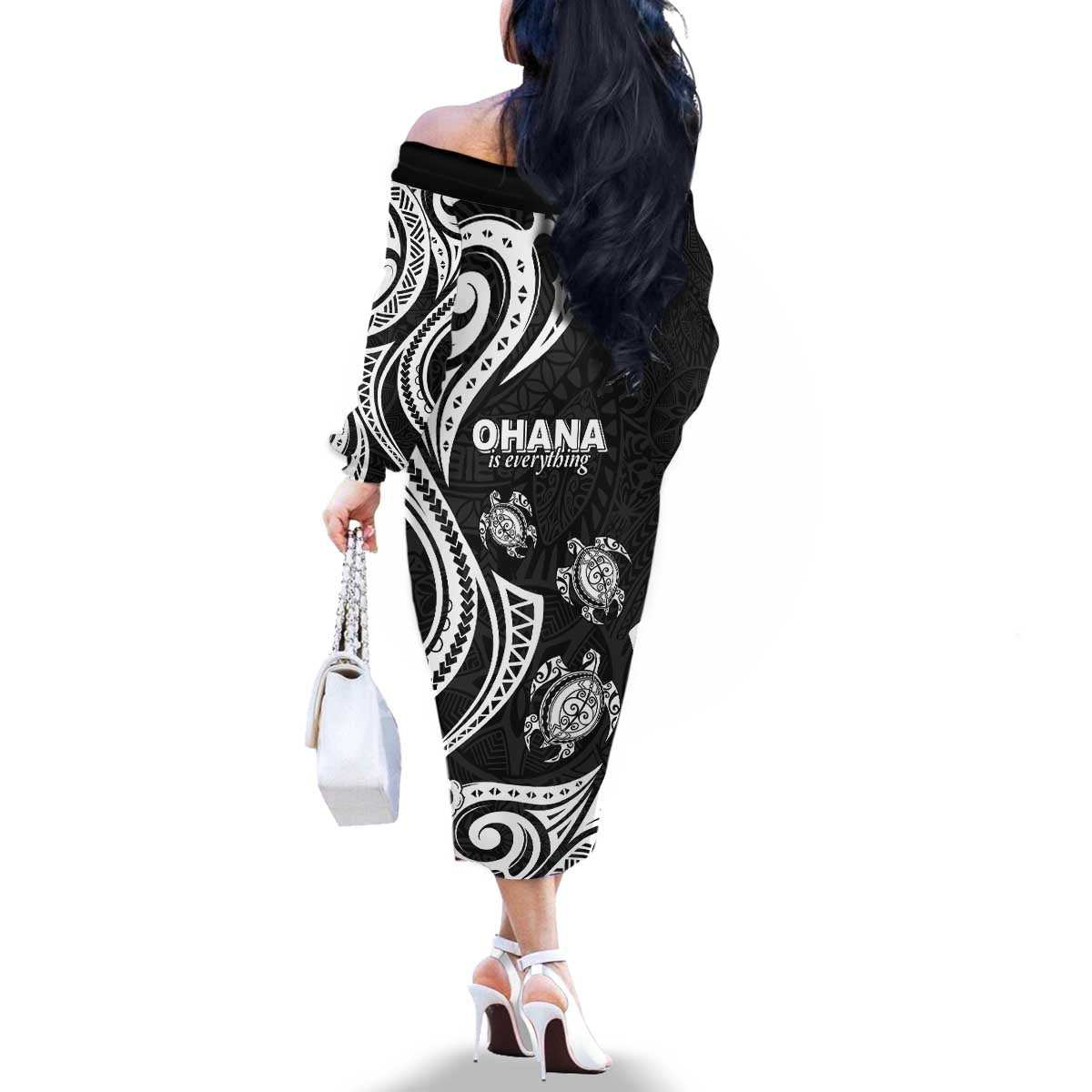 Hawaii Ohana Means Family Family Matching Off The Shoulder Long Sleeve Dress and Hawaiian Shirt Sea Turtle Polynesian Style LT05 - Polynesian Pride