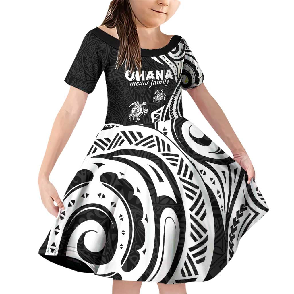 Hawaii Ohana Means Family Family Matching Off Shoulder Short Dress and Hawaiian Shirt Sea Turtle Polynesian Style LT05 Daughter's Dress Black - Polynesian Pride