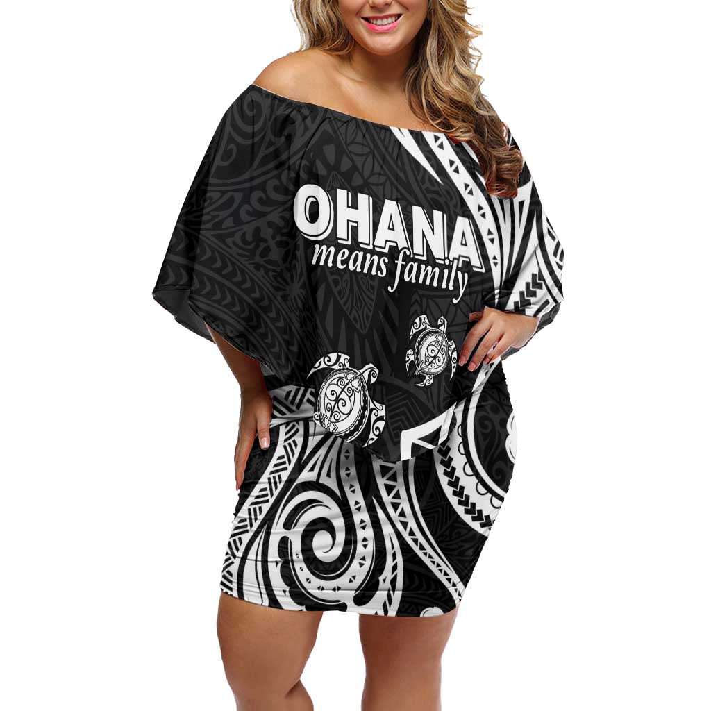 Hawaii Ohana Means Family Family Matching Off Shoulder Short Dress and Hawaiian Shirt Sea Turtle Polynesian Style LT05 Mom's Dress Black - Polynesian Pride