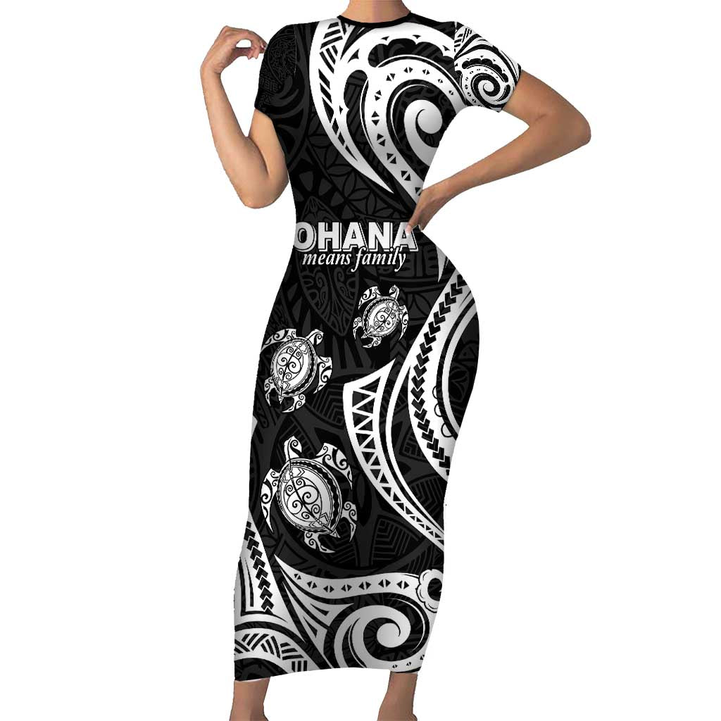 Hawaii Ohana Means Family Family Matching Short Sleeve Bodycon Dress and Hawaiian Shirt Sea Turtle Polynesian Style LT05 Mom's Dress Black - Polynesian Pride